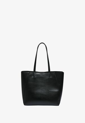 Bolso tote de cuero negro con dos asas. Presenta una textura suave y un diseño estructurado con acentos de costura curva.