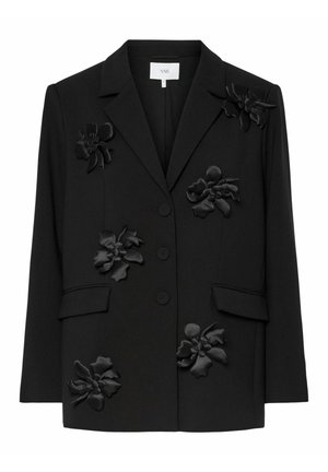 Svart kavaj med tredimensionella blomapplikationer. Har en krage med notch, knappar fram och två sidfickor. Skräddarsydd passform.