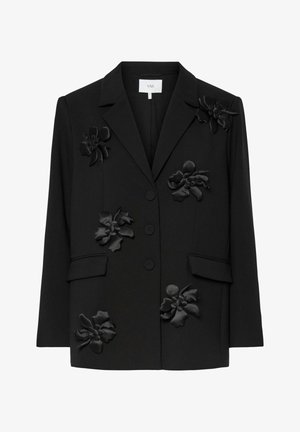 Svart blazer med tredimensjonale blomsterapplikasjoner. Har en hakket krage, knapper foran og to sidelommer. Skreddersydd passform.