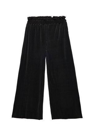 Pantalones anchos de pierna amplia con pliegues en negro, con una cintura elástica, fabricados en una tela suave. Presentan acanalados verticales para una textura adicional en toda la prenda.