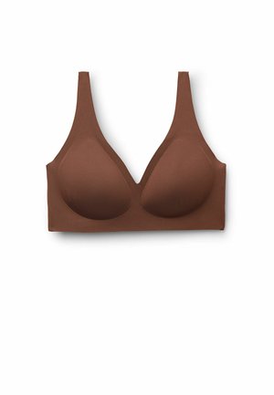 Braun gepolsterter BH mit breiten Trägern und tiefem V-Ausschnitt. Glatte Textur mit nahtlosem Design. Keine sichtbaren Beschläge oder Verzierungen.
