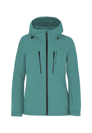 Turkusowa wodoodporna kurtka z kapturem, zapinana na zamek z przodu, z dwiema kieszeniami na piersi oraz wentylacją na kapturze. Wykonana z wytrzymałego materiału.