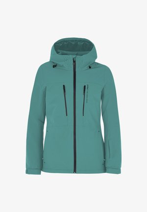 Turkusowa wodoodporna kurtka z kapturem, zapinana na zamek z przodu, z dwiema kieszeniami na piersi oraz wentylacją na kapturze. Wykonana z wytrzymałego materiału.