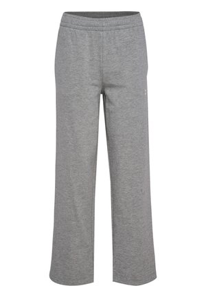 Lichtgrijze joggingbroek van zacht, textuurstof. Heeft een elastische tailleband en rechte pijpen met een subtiele logodetail.