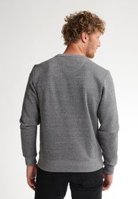 Grijze crewneck sweatshirt gemaakt van zachte stof, met ribgebreide manchetten en zoom. De achterkant toont platte naden en een eenvoudig ontwerp.