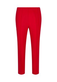 Rote Hose mit schmaler Passform, aus glattem Stoff, mit vorderen Nähten und einem elastischen Bund für zusätzlichen Komfort.