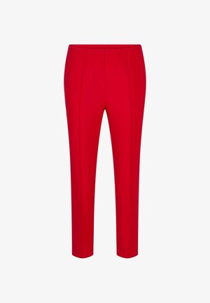 Pantalons rouges ajustés en tissu lisse, dotés de coutures avant et d'une taille élastique pour plus de confort.