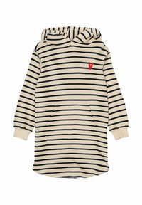 Randig hoodieklänning i kräm och marinblå, med en ficka fram, långa ärmar med manschetter och en liten röd hjärtdekoration på bröstet.
