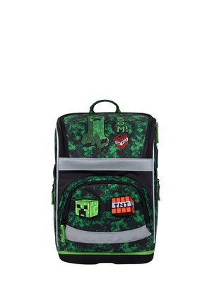Zielono-czarny pikselowany plecak z motywami Minecraft Creeper i bloku TNT na przednich i górnych kieszeniach.