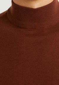 Brązowy prążkowany golf z wysokim kołnierzem. Tkanina wydaje się być miękka o gładkiej fakturze, prezentująca jednolity ciemny kolor.