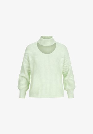Pull en maille vert clair avec col montant à fausse turtleneck, design à épaules dénudées et texture côtelée. Présente des manches larges et une coupe décontractée.