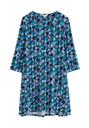 Robe tunique florale avec col rond, manches trois quarts et poches ; fond bleu vif avec des motifs de fleurs violettes et teal.