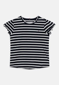 T-shirt a righe con strisce orizzontali navy e bianche, colletto rotondo a costine e maniche corte voluminose. Piccolo logo sul petto.