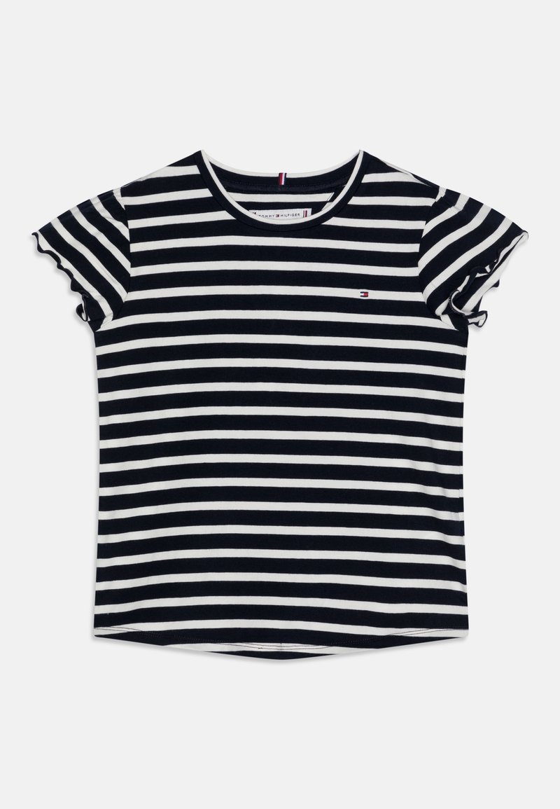T-shirt a righe con strisce orizzontali navy e bianche, colletto rotondo a costine e maniche corte voluminose. Piccolo logo sul petto.