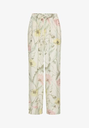 Voľné biele nohavice s pastelovo žltým a ružovým kvetinovým a zeleným listovým vzorom, s elastickým pásom a sťahovacou šnúrkou.
