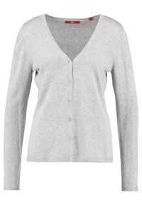 Cardigan de manga larga gris claro con escote en V, seis botones en la parte delantera y una textura suave.