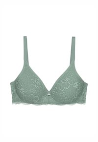 Reggiseno in pizzo verde tenue con coppe triangolari imbottite. Presenta spalline regolabili e un piccolo accento decorativo al centro.