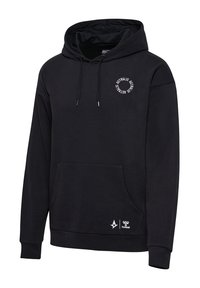 Schwarzer Hoodie aus weichem Material, mit einer frontalen Kängurutasche, Kapuze mit Kordelzug und weißem, kreisförmigem "Astralis"-Logo auf der Brust.