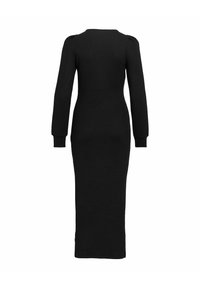 Musta midi-mekko, jossa on istuva siluetti, pitkät hihat, pyöreä kaula-aukko, olkapääkoristeet ja sileä pinta.