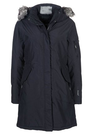 Czarna długa zimowa parka z kapturem obszytym futrem, przednim zamkiem błyskawicznym z zatrzaskami, bocznymi kieszeniami na klapy oraz kieszenią na zamek na rękawie.