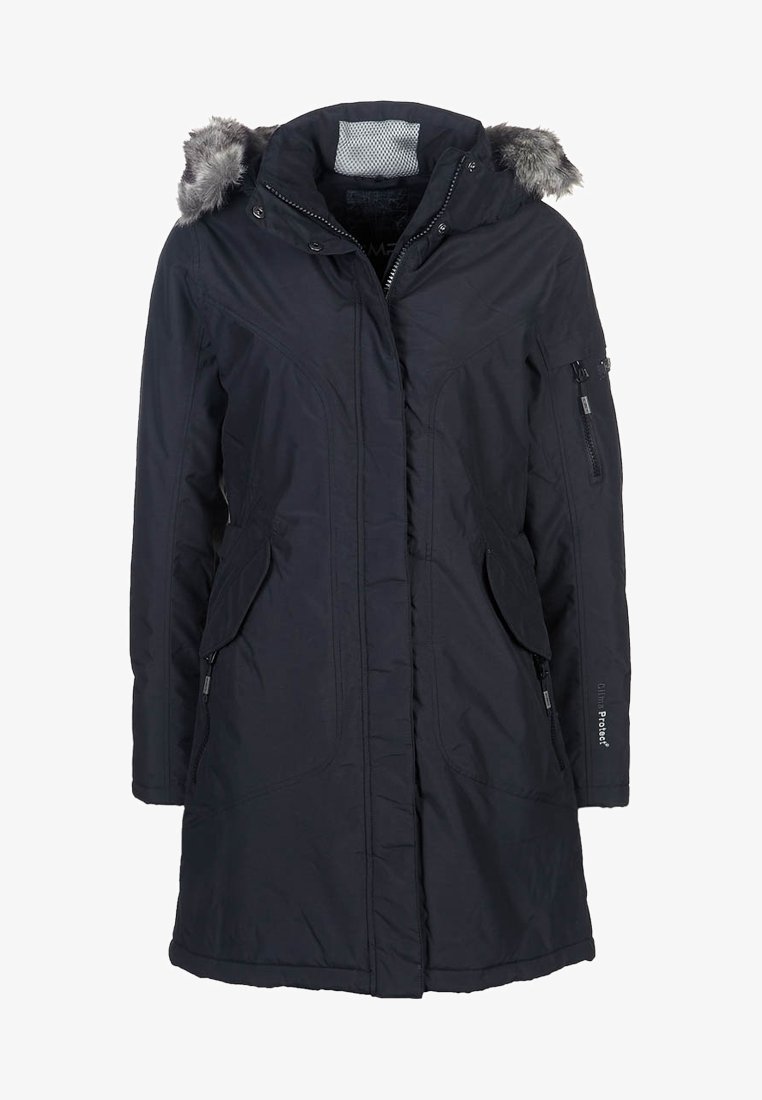 Parka negra larga de invierno con capucha con borde de piel, cremallera frontal con botones a presión, bolsillos con solapas laterales y bolsillo con cremallera en la manga.