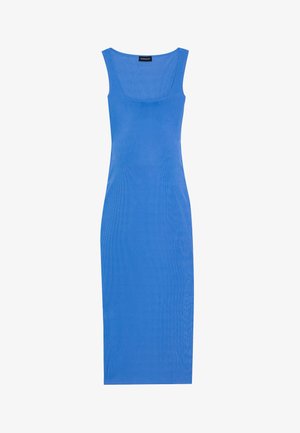 Mėlyna, raukšlėta midi suknelė su prigludusia siluetu, kvadratiniu iškirpimu ir plačiomis petnešomis. Pagaminta iš minkštos, elastingos medžiagos.