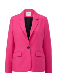 Blazer rose vif à un bouton avec revers crantés, deux poches à rabat à l'avant, et doublure intérieure noire.