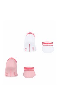 Ein Paar niedrig geschnittene Socken in Weiß und Pink. Merkmale sind kontrastierende pinke Streifen am oberen Rand und Größenmarkierungen an der Seite. Weiche Textur.