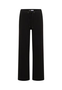 Zwarte wijde broek van zacht materiaal met een elastische tailleband, verstelbaar trekkoord en twee zijzakken voor handig gebruik.