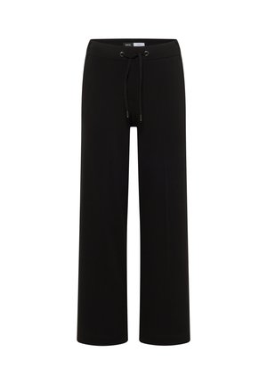 Pantaloni neri a gamba larga realizzati in materiale morbido con cintura elastica, cordoncino regolabile e due tasche laterali per comodità.