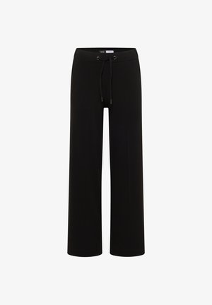 Pantaloni neri a gamba larga realizzati in materiale morbido con cintura elastica, cordoncino regolabile e due tasche laterali per comodità.