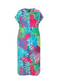 Havaijin tyyppinen mekko, jossa on lyhyet hihat, nappi-edessä ja eläväinen kukkakuosi vaaleanpunaisena, sinisenä ja vihreänä tummalla taustalla. Kevyt kangas.