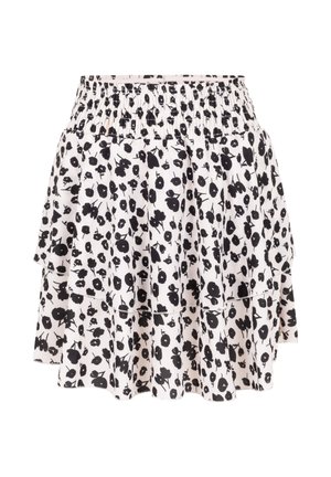 Weißer, mehrlagiger Rock mit elastischem Bund und durchgehendem schwarzem Blumenmuster.