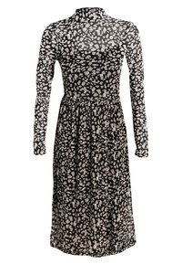 Vestido negro de manga larga con cuello alto simulado, que presenta un material transparente y un patrón abstracto en blanco y beige disperso. Diseño de falda acampanada.