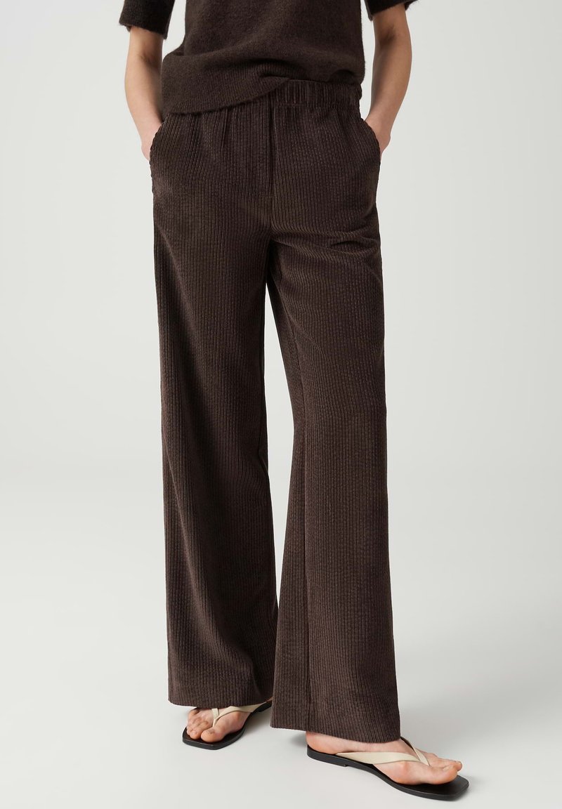 Person wearing dark brown ribbed wide-leg pants with elastic waistband and light-colored flip-flop sandals, hands in pockets.