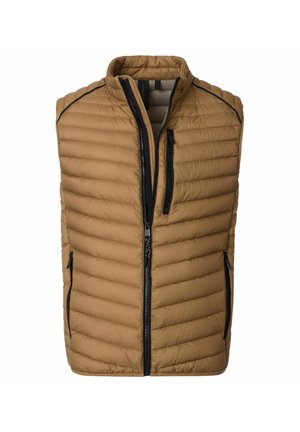 Tan puffer vest with a high collar, vertical quilted design, black zipper, and two side pockets. Features a sleek, insulated texture.