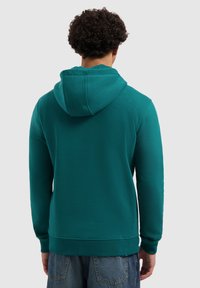 Turquoise hoodie met een capuchon met trekkoord, geribbelde manchetten en zoom. Materiaal lijkt zacht, met structuur en heeft een ontspannen pasvorm. Achteraanzicht getoond.