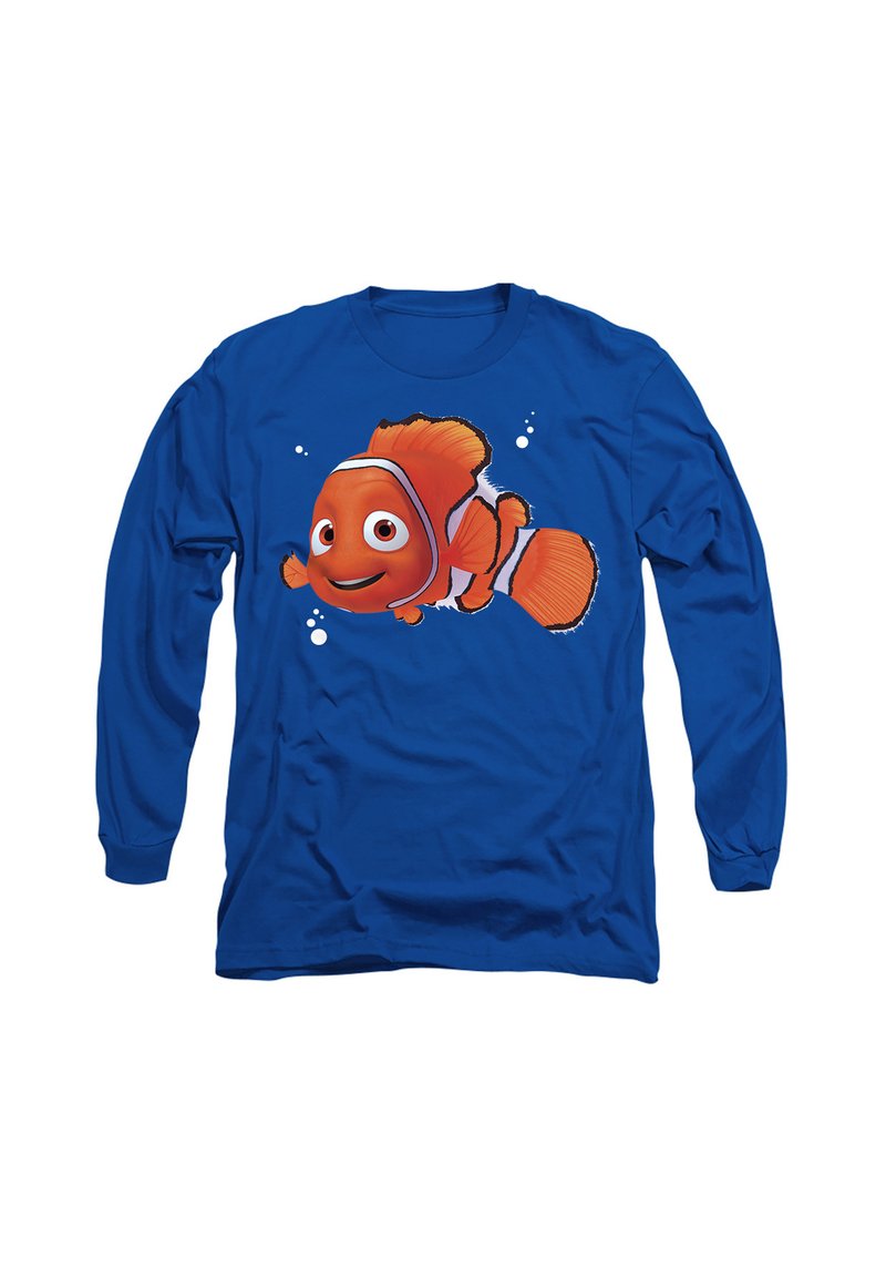 Langärmliges blaues T-Shirt mit einem Cartoon-Clownfisch-Design in Orange und Weiß, umgeben von kleinen Blasen.