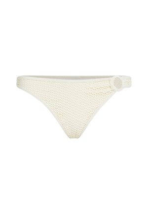 Culotte bikini all'uncinetto color crema con un anello decorativo rotondo su un lato, caratterizzata da un motivo testurizzato e una vestibilità bassa.
