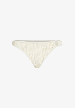 Culotte bikini all'uncinetto color crema con un anello decorativo rotondo su un lato, caratterizzata da un motivo testurizzato e una vestibilità bassa.