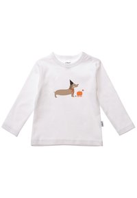 Weißes Langarmshirt aus weichem Stoff mit einem bedruckten braunen Dachshund in Partyhut, neben einem Kürbis und Sternen.