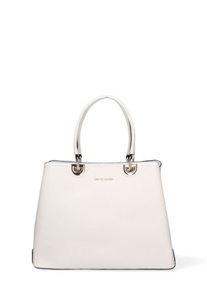 Sac à main structuré blanc avec doubles poignées, quincaillerie dorée et logo "pierre cardin" centré sur le devant.