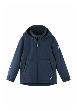 Veste à capuche bleu marine en matériau doux, avec une fermeture éclair à l'avant, deux poches latérales et des poignets élastiques. Accents gris clair sur les manches.