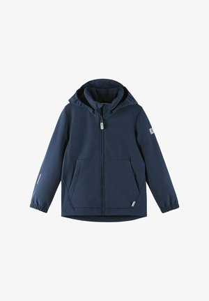 Navyblauwe hoodie gemaakt van zacht materiaal, met een voorrits, twee zijzakken en elastische manchet. Lichtgrijze accenten op de mouwen.