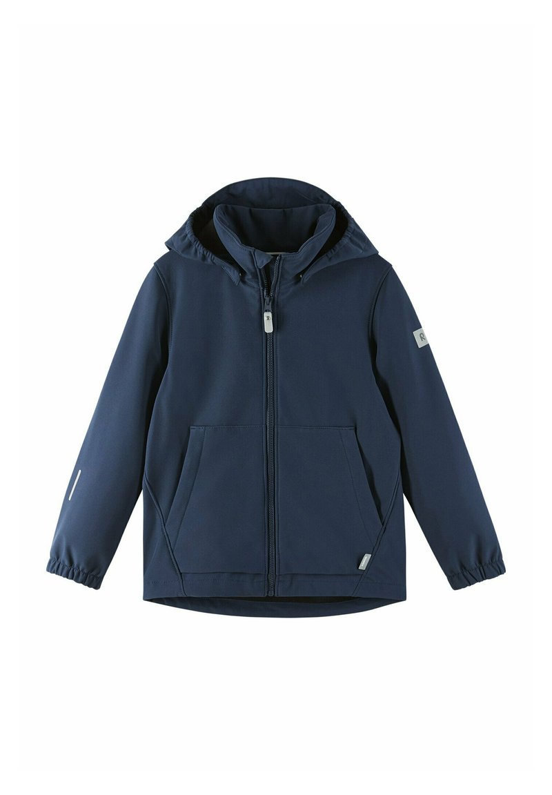 Marineblaue Kapuzenjacke aus weichem Material, mit einem Frontreißverschluss, zwei seitlichen Taschen und elastischen Bündchen. Helle graue Akzente an den Ärmeln.