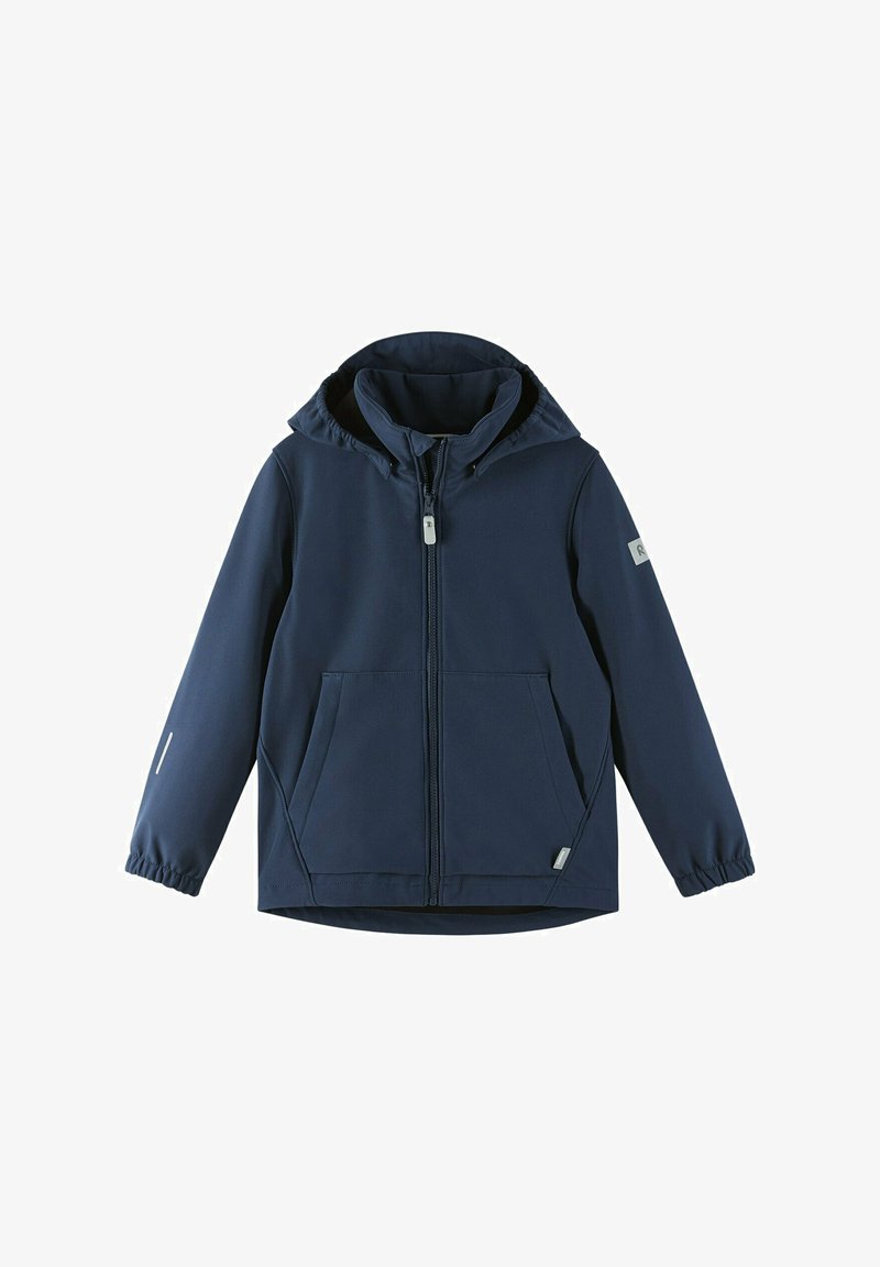 Marineblaue Kapuzenjacke aus weichem Material, mit einem Frontreißverschluss, zwei seitlichen Taschen und elastischen Bündchen. Helle graue Akzente an den Ärmeln.