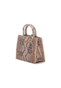 Borsa texturizzata in stampa pitone con toni neutri, dotata di manici corti e una forma strutturata, accentuata da un piccolo dettaglio con chiusura.