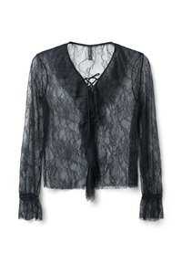 Blusa nera in pizzo con maniche lunghe, dettaglio arricciato sul davanti e chiusura a fiocco al collo. Tessuto testurizzato con sezioni trasparenti e polsini svasati.