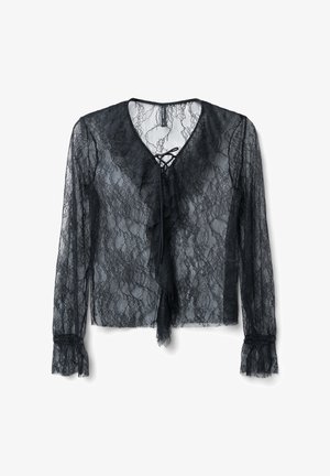 Blusa nera in pizzo con maniche lunghe, dettaglio arricciato sul davanti e chiusura a fiocco al collo. Tessuto testurizzato con sezioni trasparenti e polsini svasati.