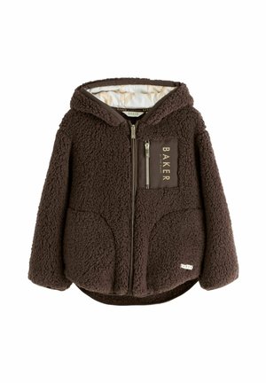 Brown fleece jacket with a hood, zippered front, and two side pockets. Features a chest pocket with a branding label and soft texture.